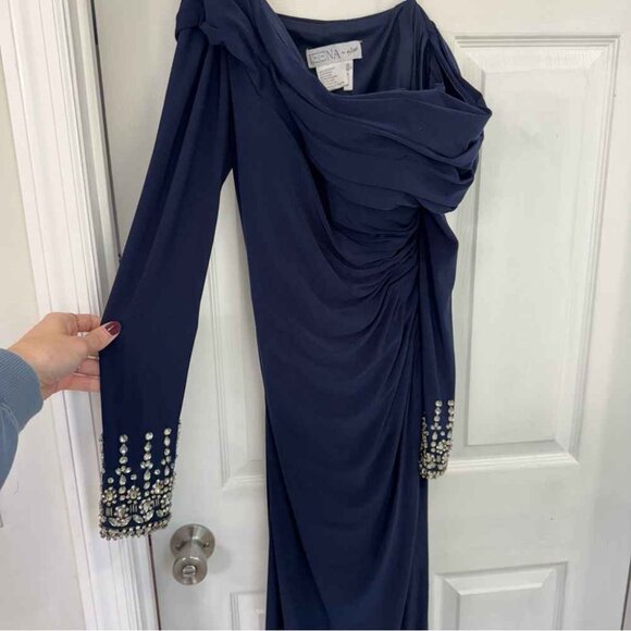 Ieena for Mac Duggal Midnight Blue Embellished Long Sleeve Dress - Picture 3 of 6